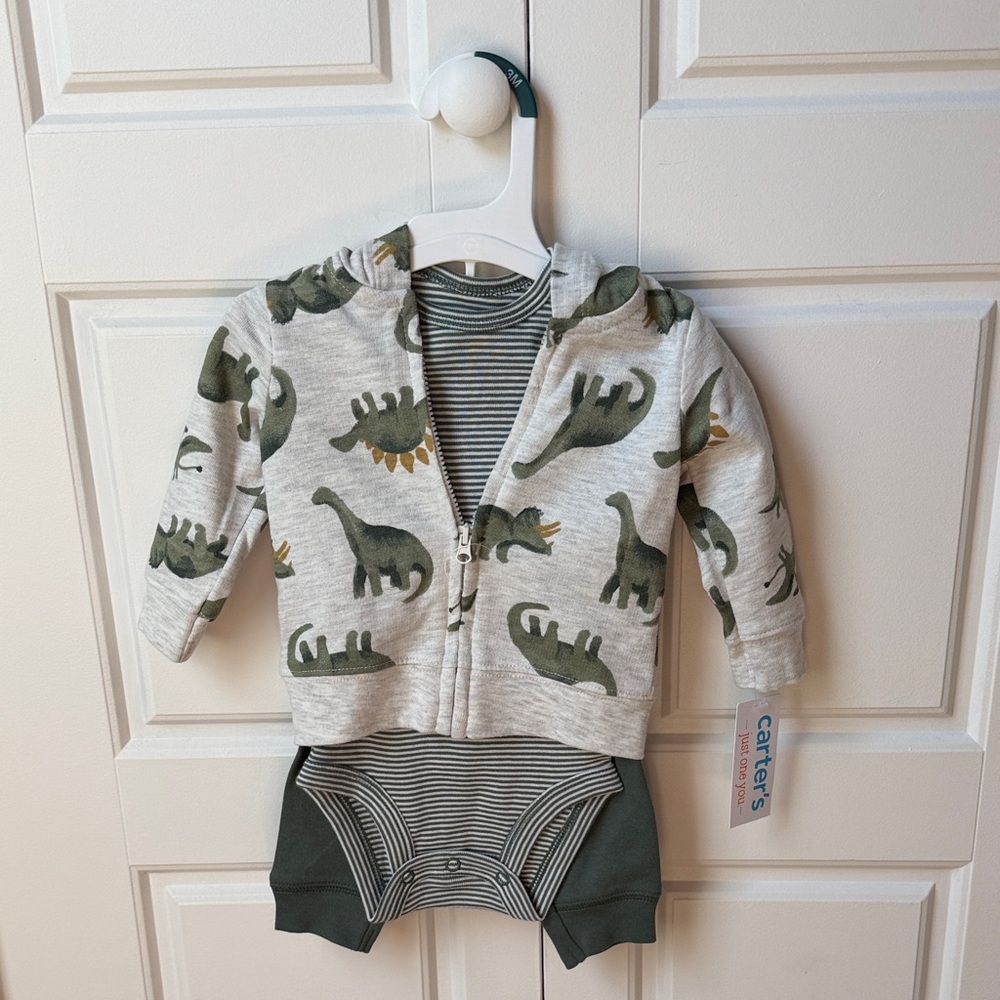 Carter's Green Dinosaur Hoodie and Striped Onesie Set